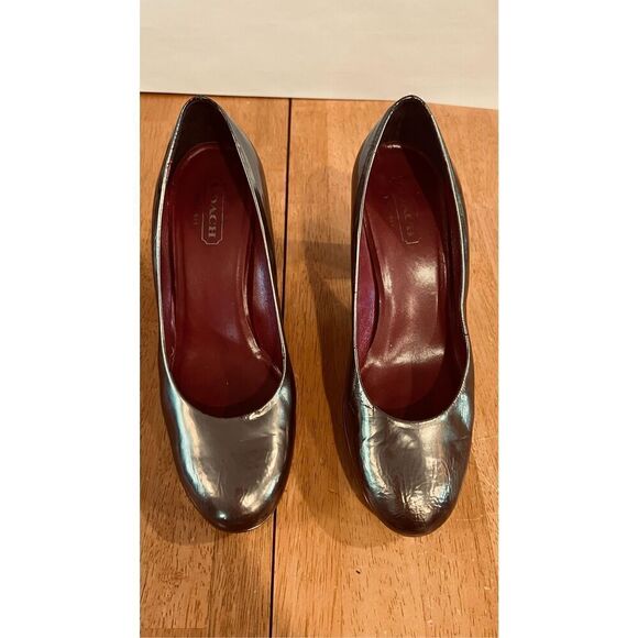 Coach Brown Bronze Block Leather Heels Round Toe Womens Size 8 - Picture 4 of 12